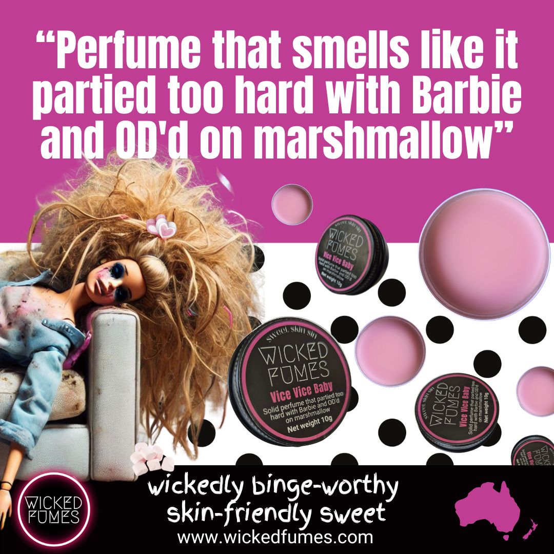 Barbie crashed on a couch. heading reads, perfume that smells like it partied too hard with Barbie and OD'd on marshmallow