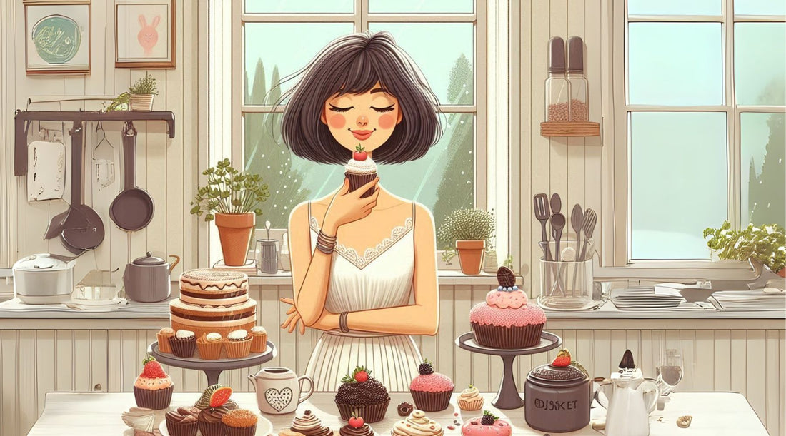 woman smelling a cupcake in her kitchen