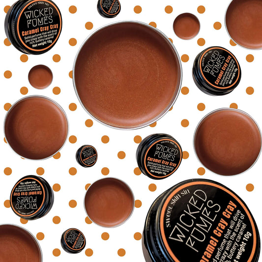 gourmand caramel perfume tins spinning against background of caramel coloured polka dots