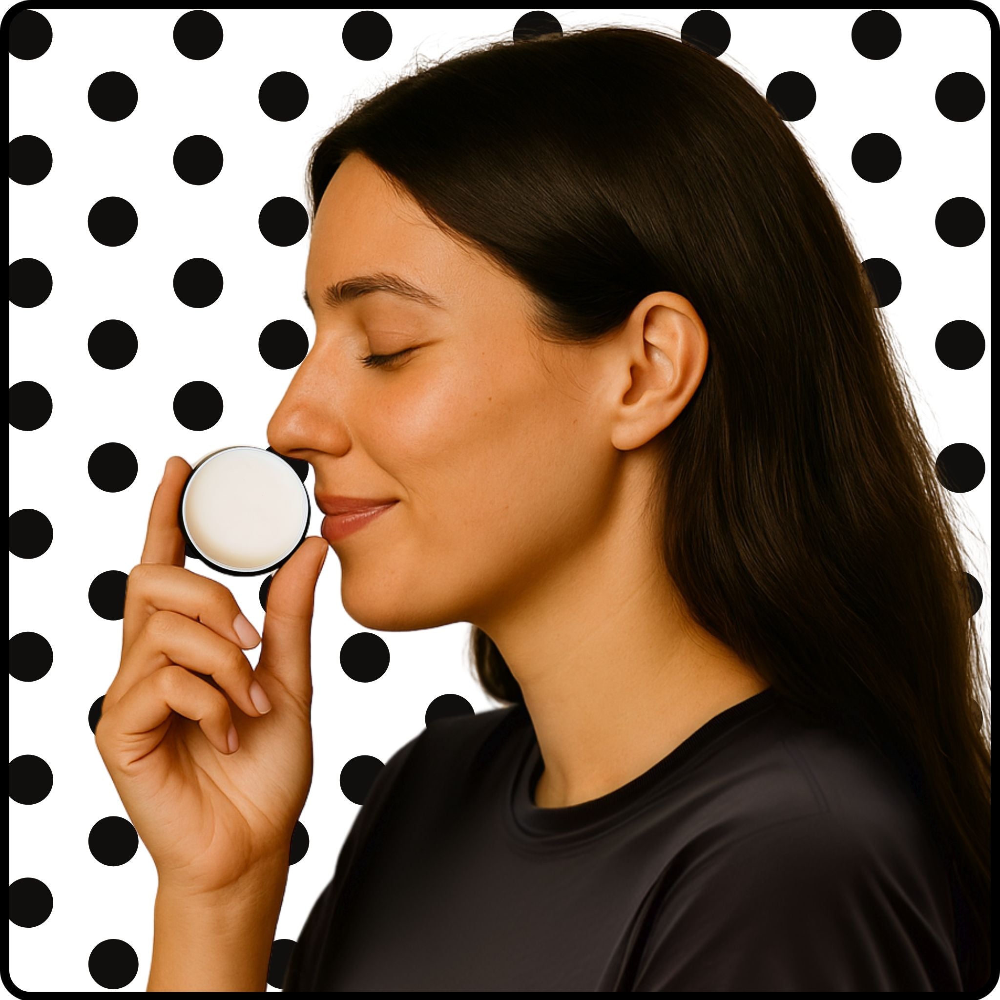 girl smiling while smelling alcohol free solid perfume which is good for skin