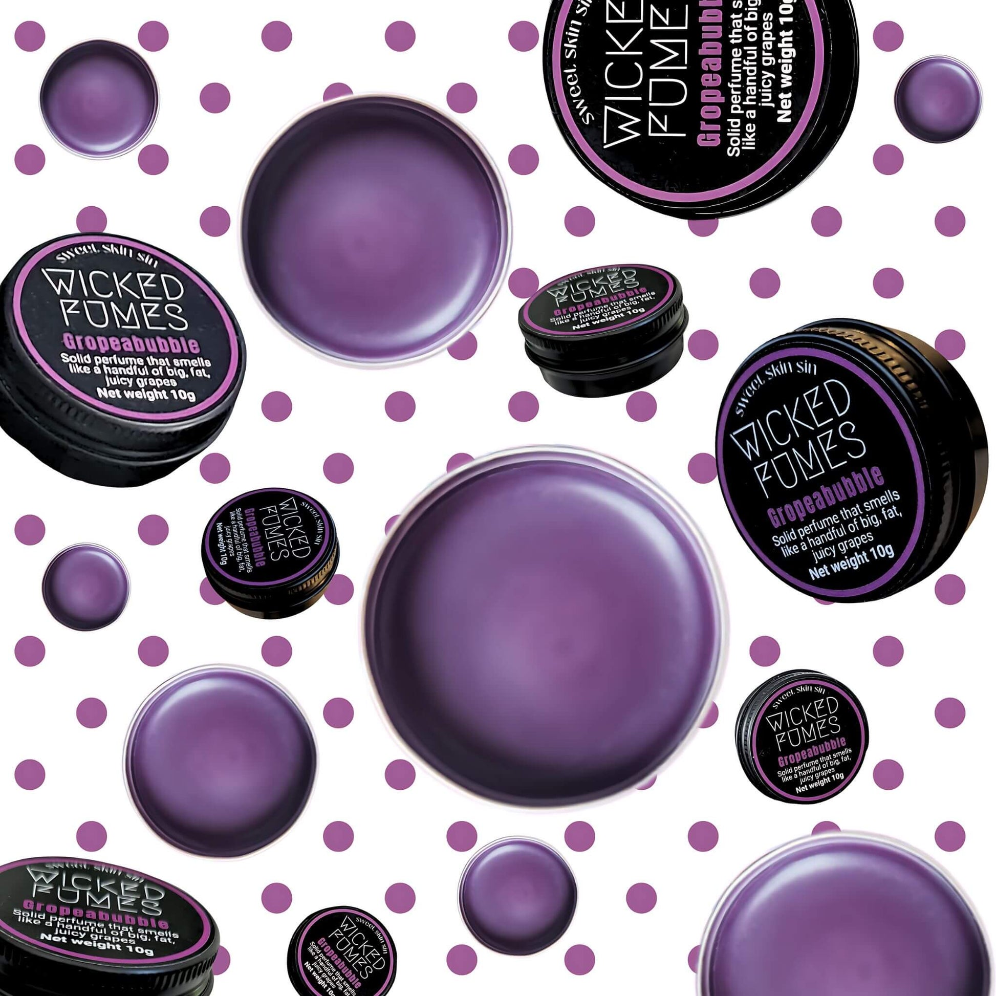 collection of gropeabubble grape scented perfume floating in air against backdrop of purple polka dots