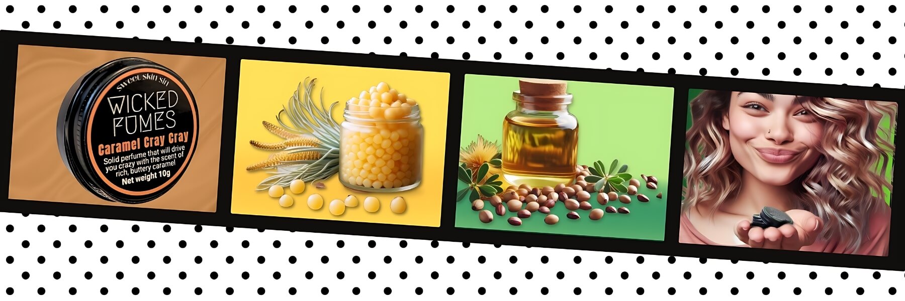 montage of natural ingredients in wicked fumes gourmand solid perfume